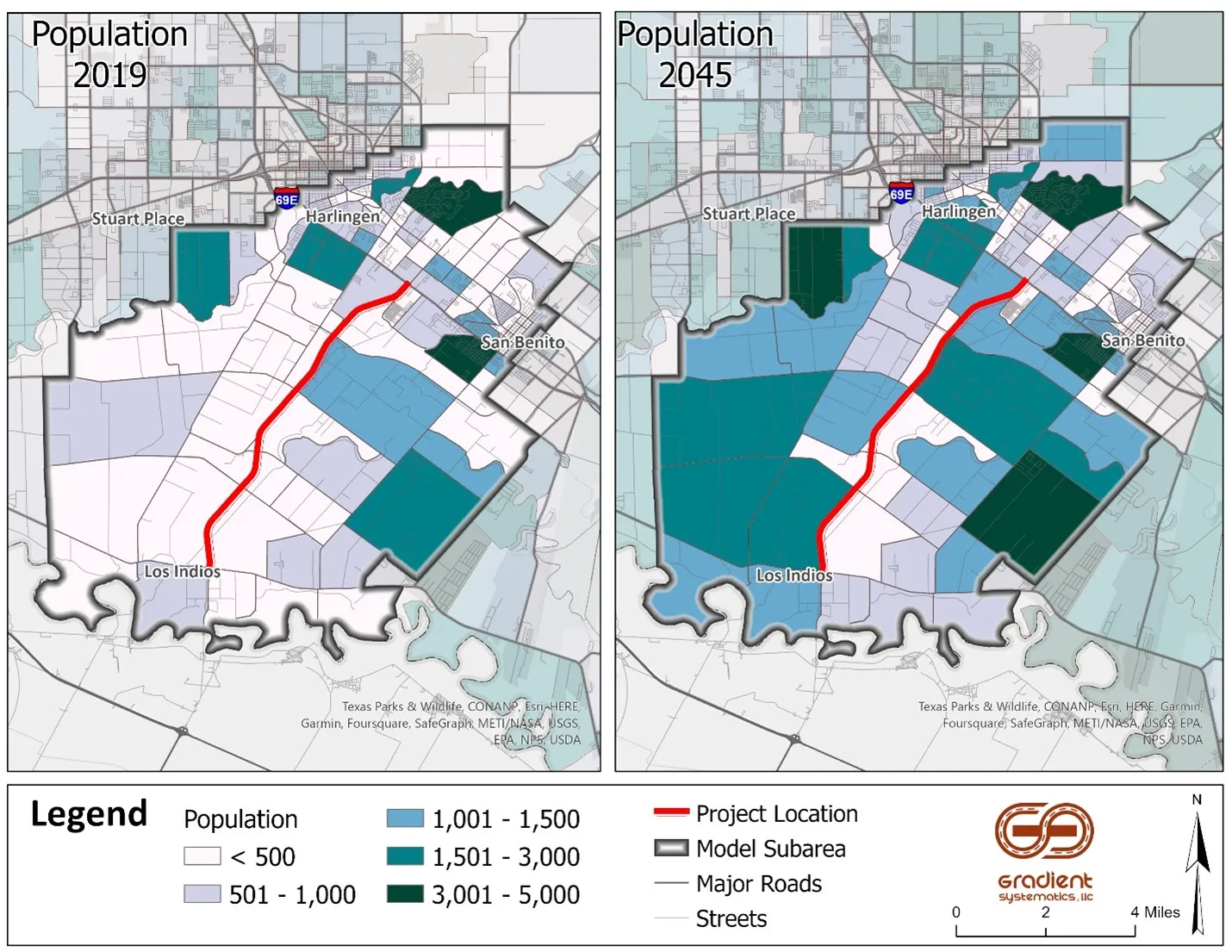 Population comparison map showing 2019 and 2045 projections