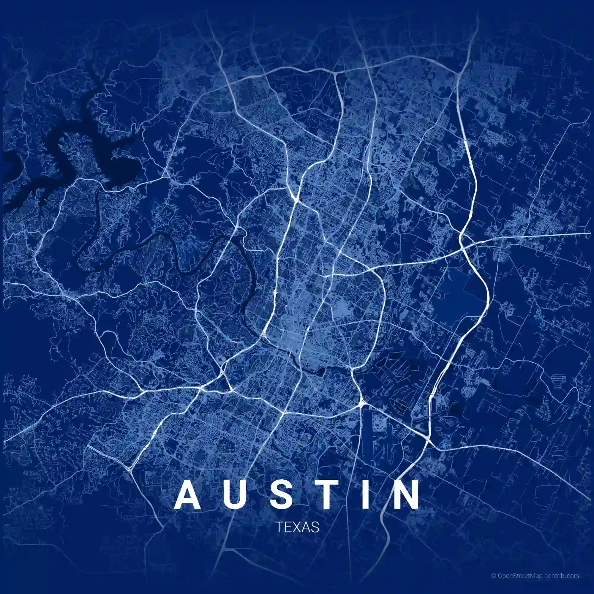 Greater Austin road network showing TIA service coverage across Travis, Williamson, and Hays Counties and surrounding cities