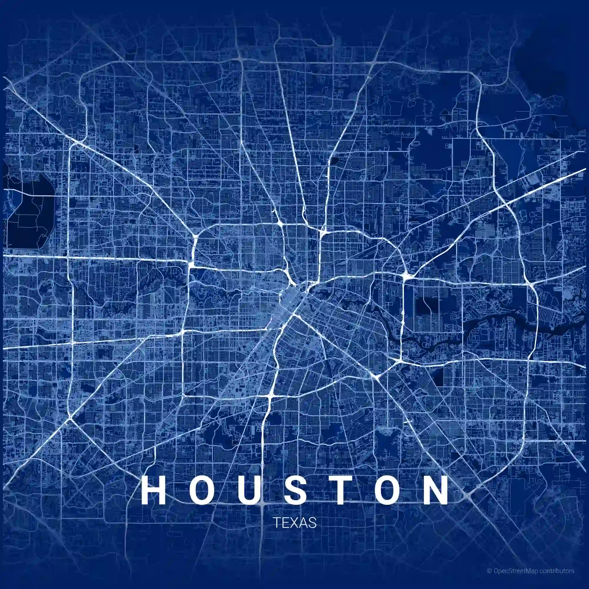 Greater Houston road network showing TIA service coverage across the City of Houston, Harris, Fort Bend, Montgomery, Brazoria, and Galveston Counties