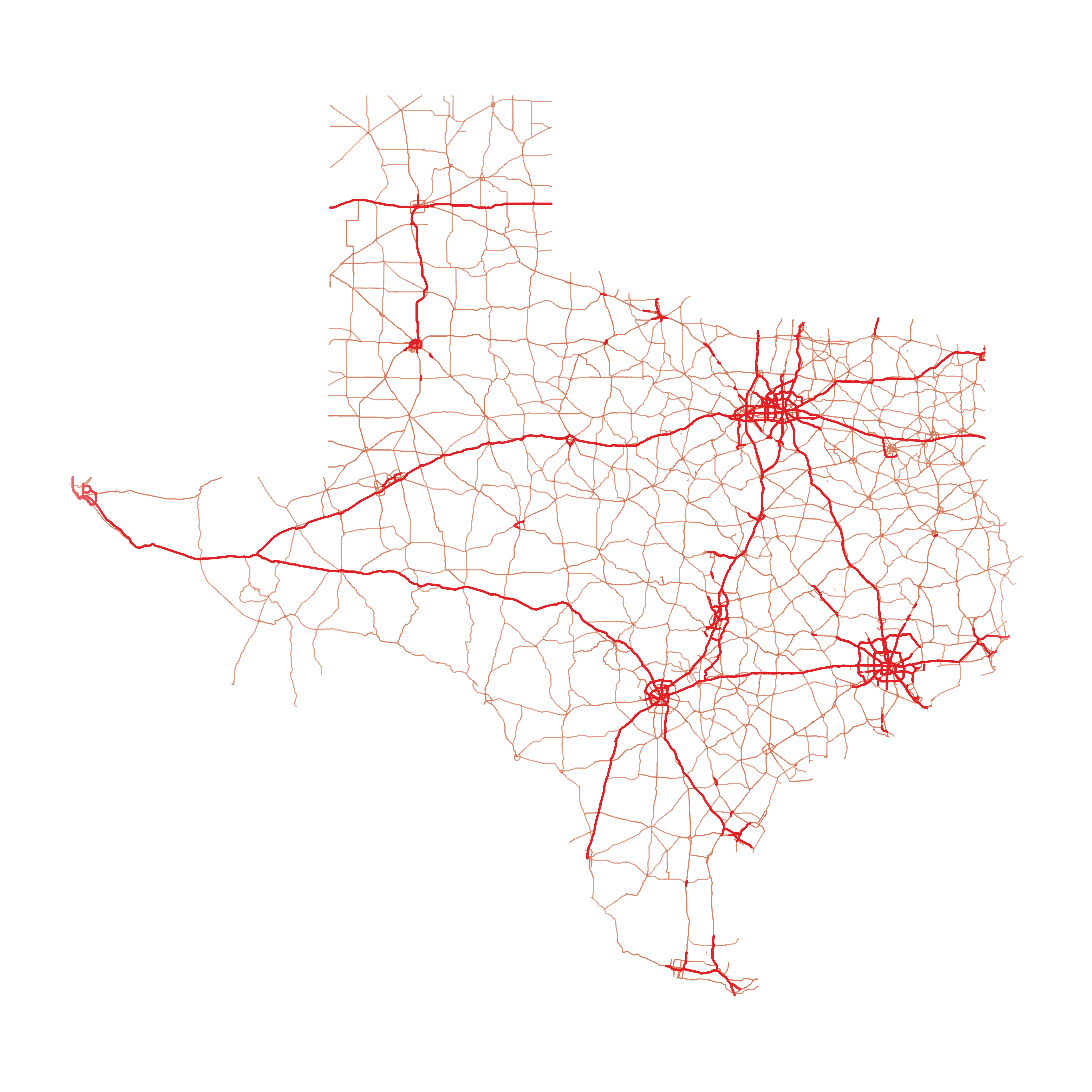 Texas road network showing statewide TIA service coverage across DFW, Houston, San Antonio, Austin, McAllen, and El Paso